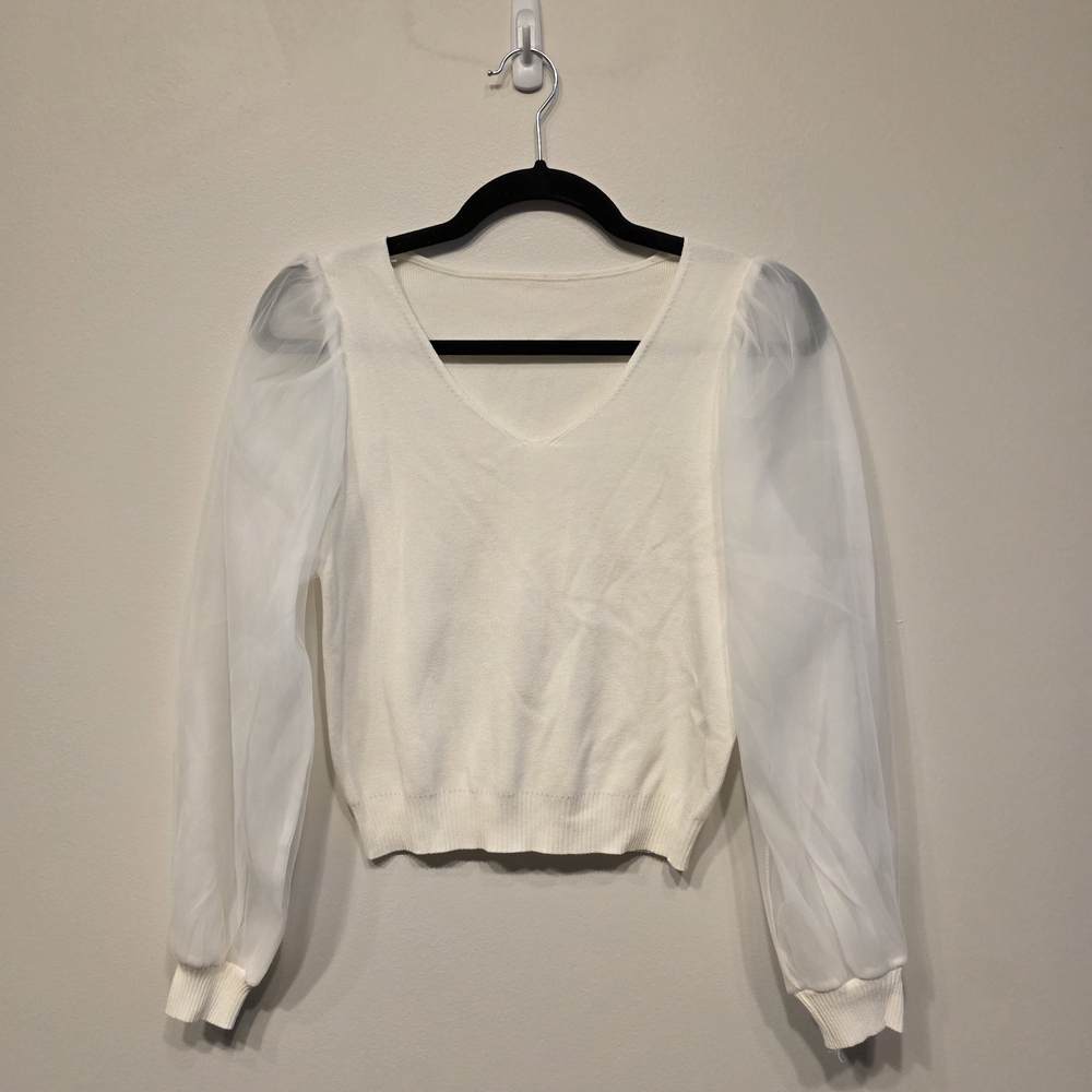 Elegant White Sheer Organza Sleeve Sweater